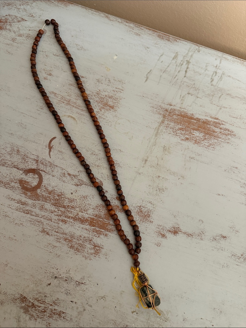 Mala Wood Bead Necklace with Wrapped Stone Pendant - Brown
